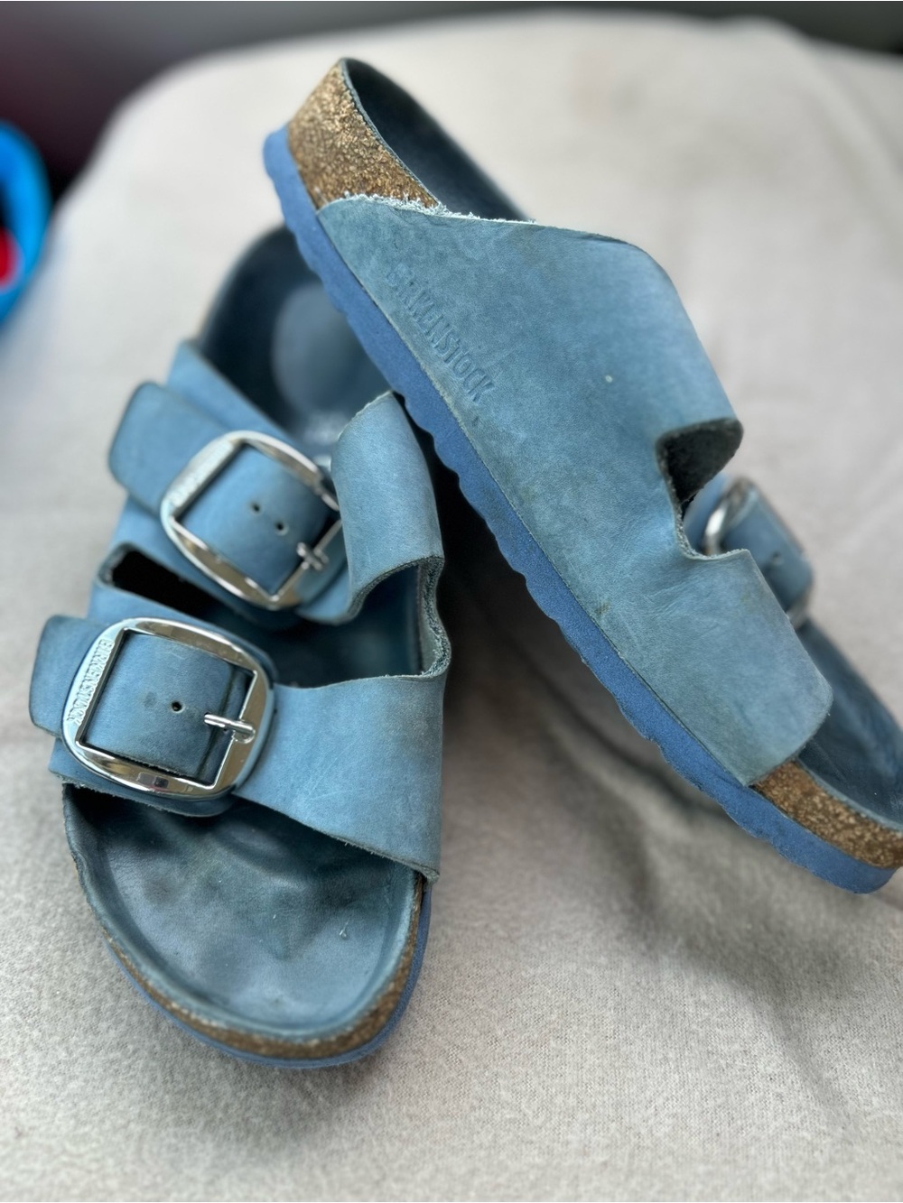 Birkenstock Arizona Women’s Blue Suede Silver Buckle Sandals size 7 (38)